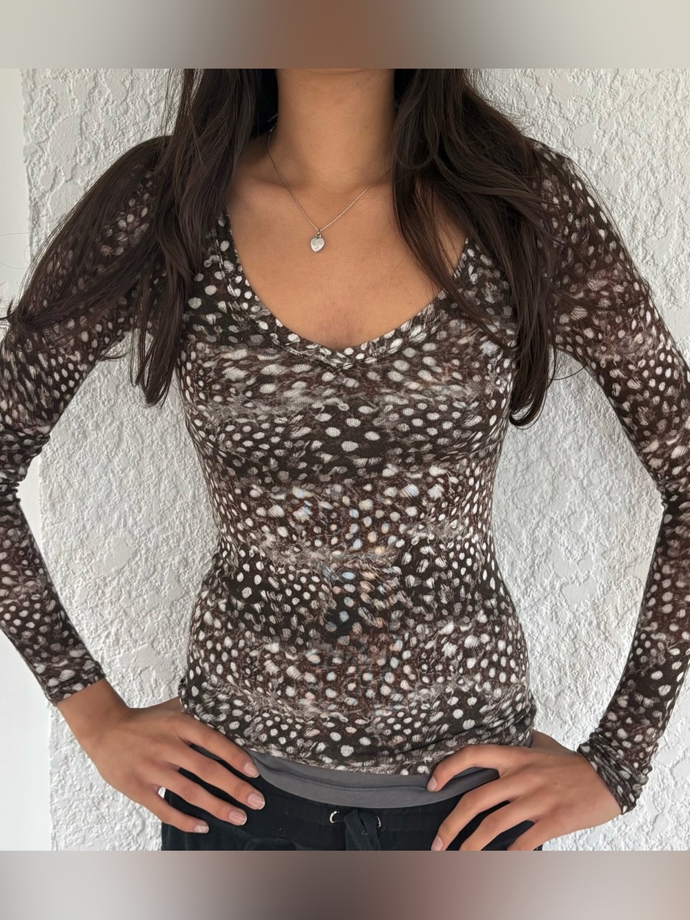 Deer print stretchy long sleeve v neck